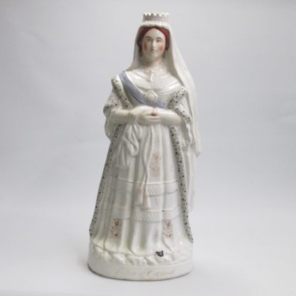 A Large Staffordshire figure of Queen Victoria, white and gilt version, wearing an ermine edge cloak.  Circa 1840