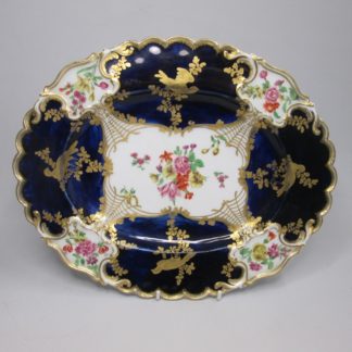 Chelsea gold anchor marked oval mazarine blue dessert dish decorated in a similar manner to Mecklenburg-Strelitz service Circa 1765