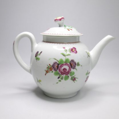 A First Period Worcester globular teapot and cover painted with Deutsche Blumen flowers Circa 1770