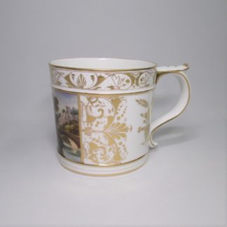 A Derby porcelain Porter mug gilded with anthemion scrolls and a colourful painted enamel panel, titled a 'view in North Wales'  Circa; 1810