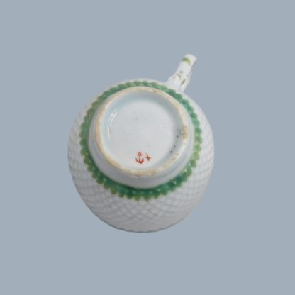 A Bow Porcelain Coffee cup and saucer with pinecone moulding and rare  anchor and dagger mark hand painted in red.   Circa: 1765-70 - Image 6