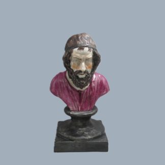A Staffordshire, impressed marked Enoch Wood earthenware bust of Homer the poet, wearing a purple robe, mounted on a soccle and a square base. Circa 1810,