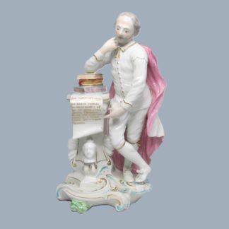 A Derby porcelain figure of William Shakespeare standing on an oval scroll moulded base highlighted in turquoise and gold Circa 1768-70