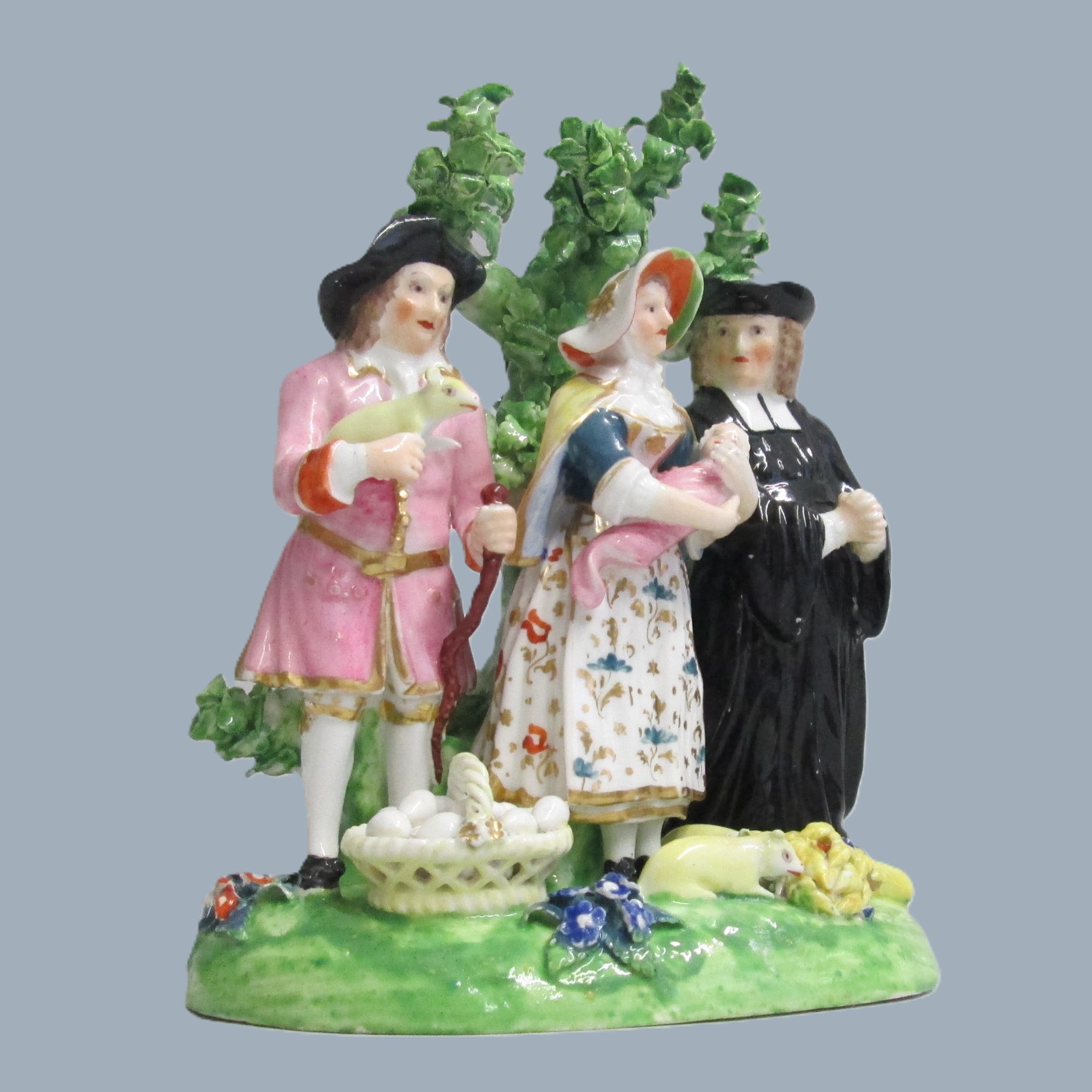 A Derby Tithe Pig Group, representing the Farmer's wife, offering her baby to the Clergyman as payment of the tithe, instead of the pig. Circa 1790 - Image 2