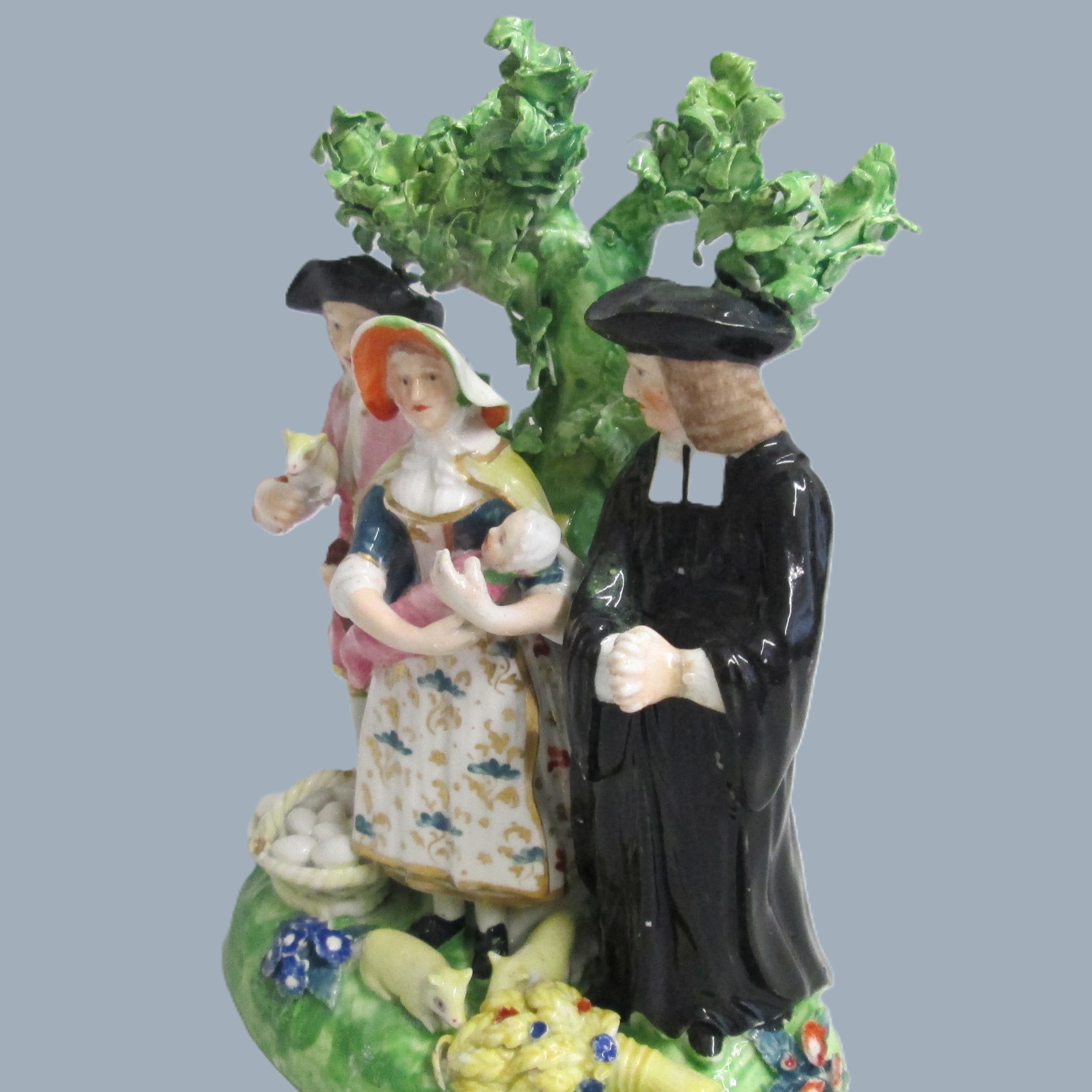 A Derby Tithe Pig Group, representing the Farmer's wife, offering her baby to the Clergyman as payment of the tithe, instead of the pig. Circa 1790 - Image 4