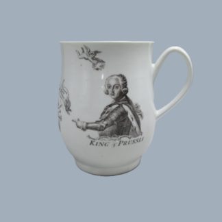 A  Worcester porcelain bell shaped mug printed in black with a portrait of the King of Prussia dated 1757