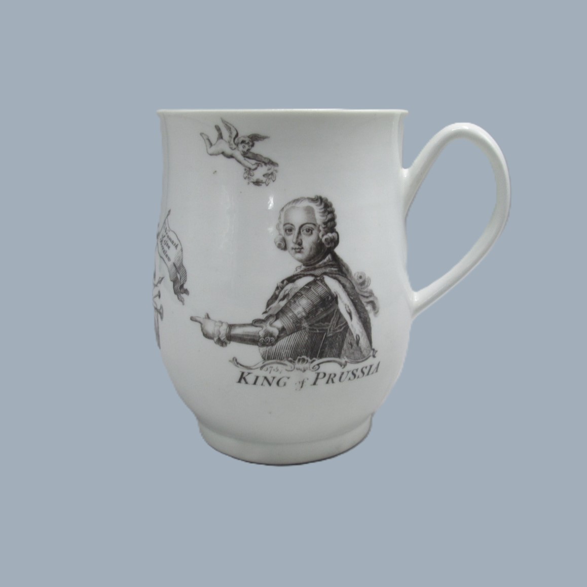 A Worcester porcelain bell shaped mug printed in black with a portrait of the King of Prussia dated 1757