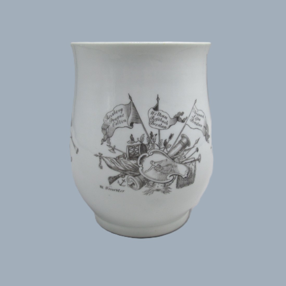 A Worcester porcelain bell shaped mug printed in black with a portrait of the King of Prussia dated 1757 - Image 2