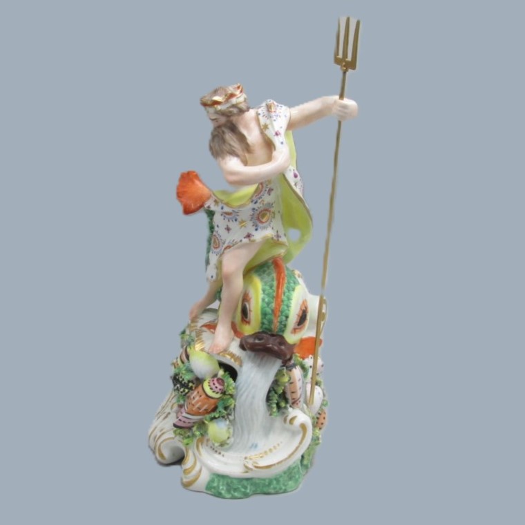 A Derby porcelain figure of Neptune, standing on a rocky mound a with trident in his left hand and a large dolphin beside him. Circa 1760 -70 - Image 10