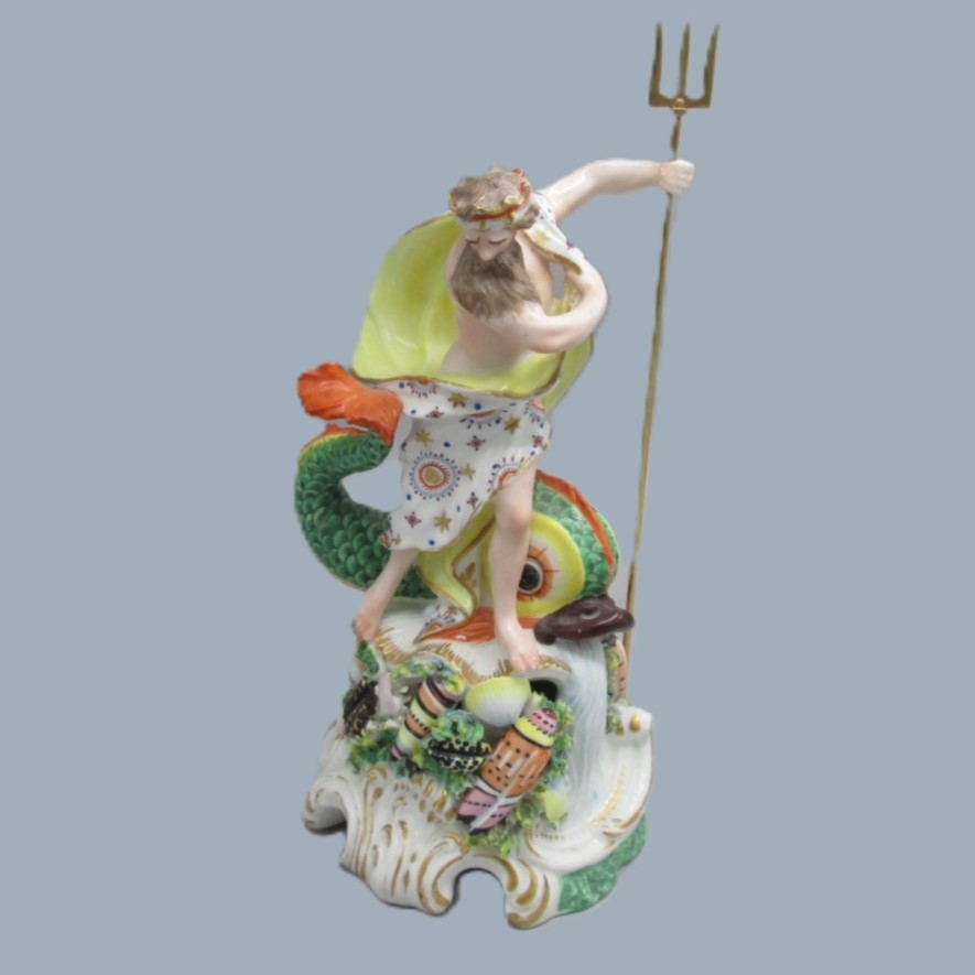 A Derby porcelain figure of Neptune, standing on a rocky mound a with trident in his left hand and a large dolphin beside him. Circa 1760 -70 - Image 9