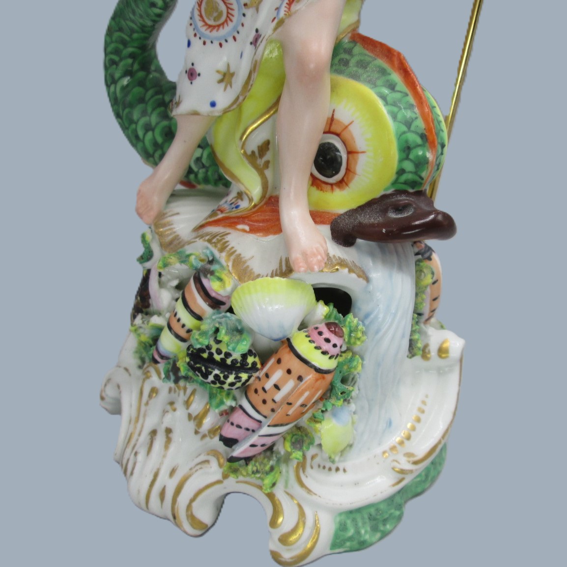 A Derby porcelain figure of Neptune, standing on a rocky mound a with trident in his left hand and a large dolphin beside him. Circa 1760 -70 - Image 3