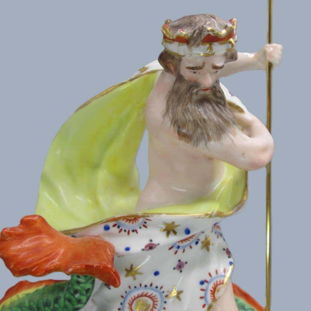 A Derby porcelain figure of Neptune, standing on a rocky mound a with trident in his left hand and a large dolphin beside him. Circa 1760 -70 - Image 2