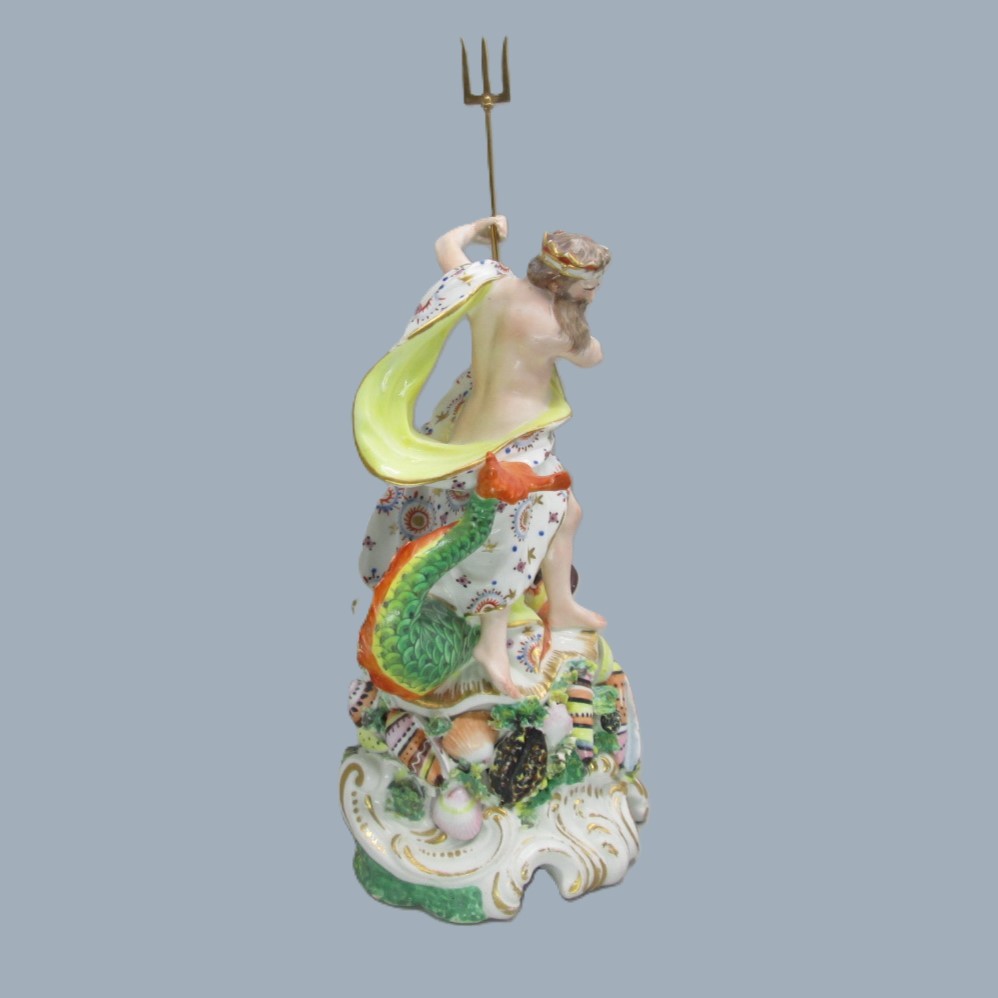 A Derby porcelain figure of Neptune, standing on a rocky mound a with trident in his left hand and a large dolphin beside him. Circa 1760 -70 - Image 8