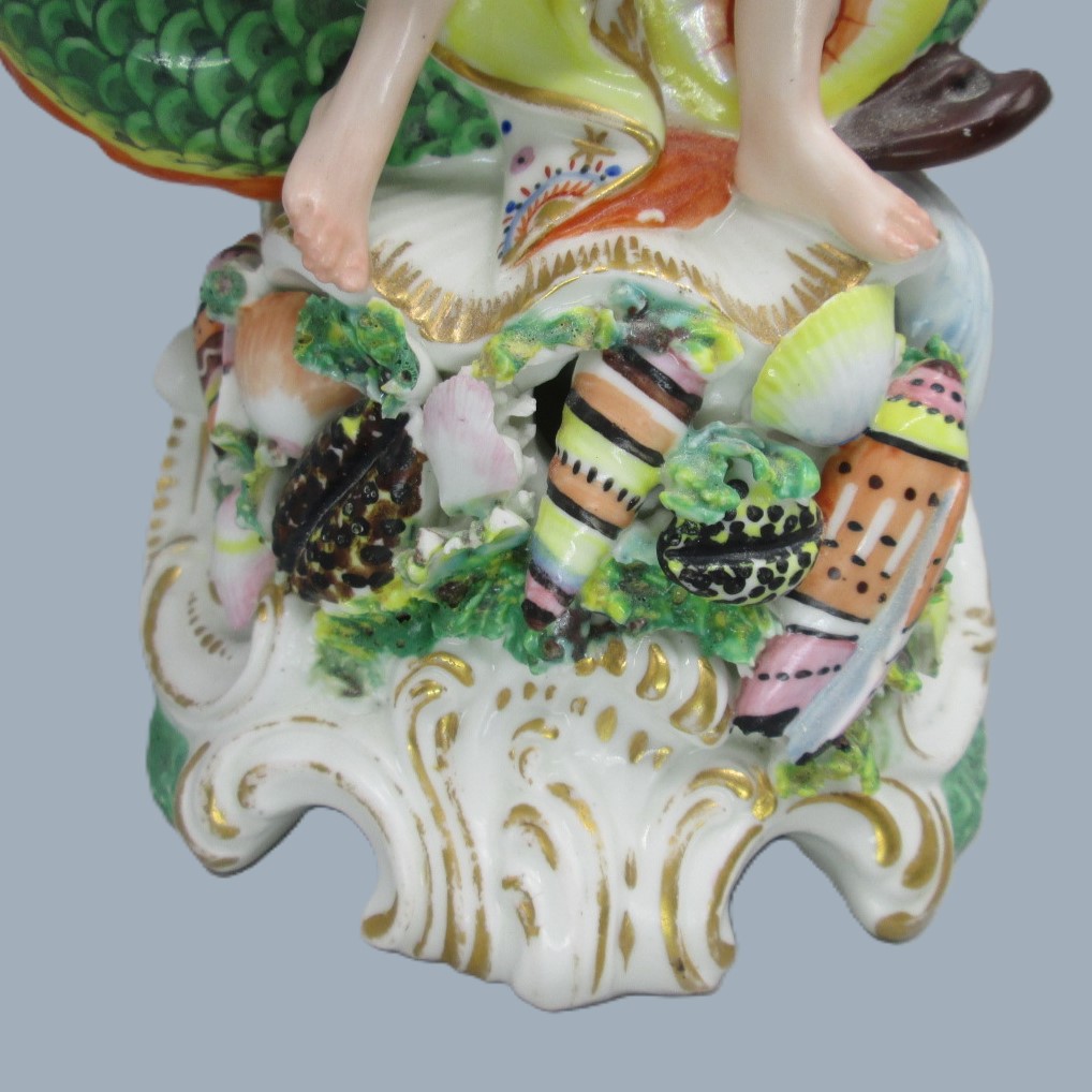 A Derby porcelain figure of Neptune, standing on a rocky mound a with trident in his left hand and a large dolphin beside him. Circa 1760 -70 - Image 4