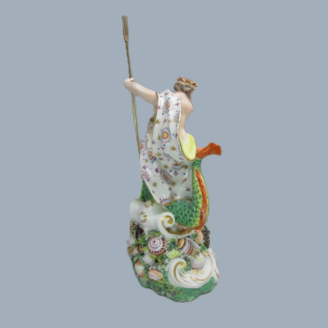 A Derby porcelain figure of Neptune, standing on a rocky mound a with trident in his left hand and a large dolphin beside him. Circa 1760 -70 - Image 7