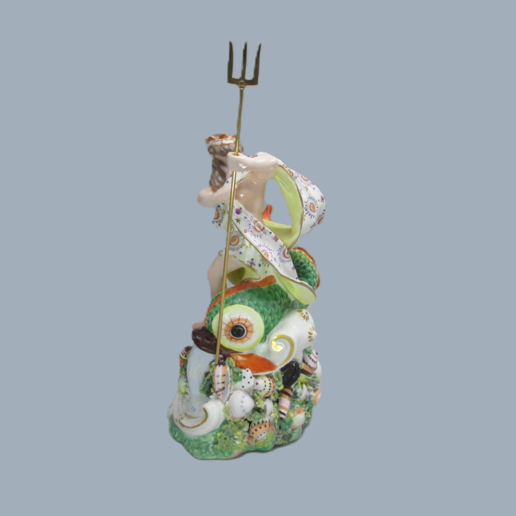 A Derby porcelain figure of Neptune, standing on a rocky mound a with trident in his left hand and a large dolphin beside him. Circa 1760 -70 - Image 6