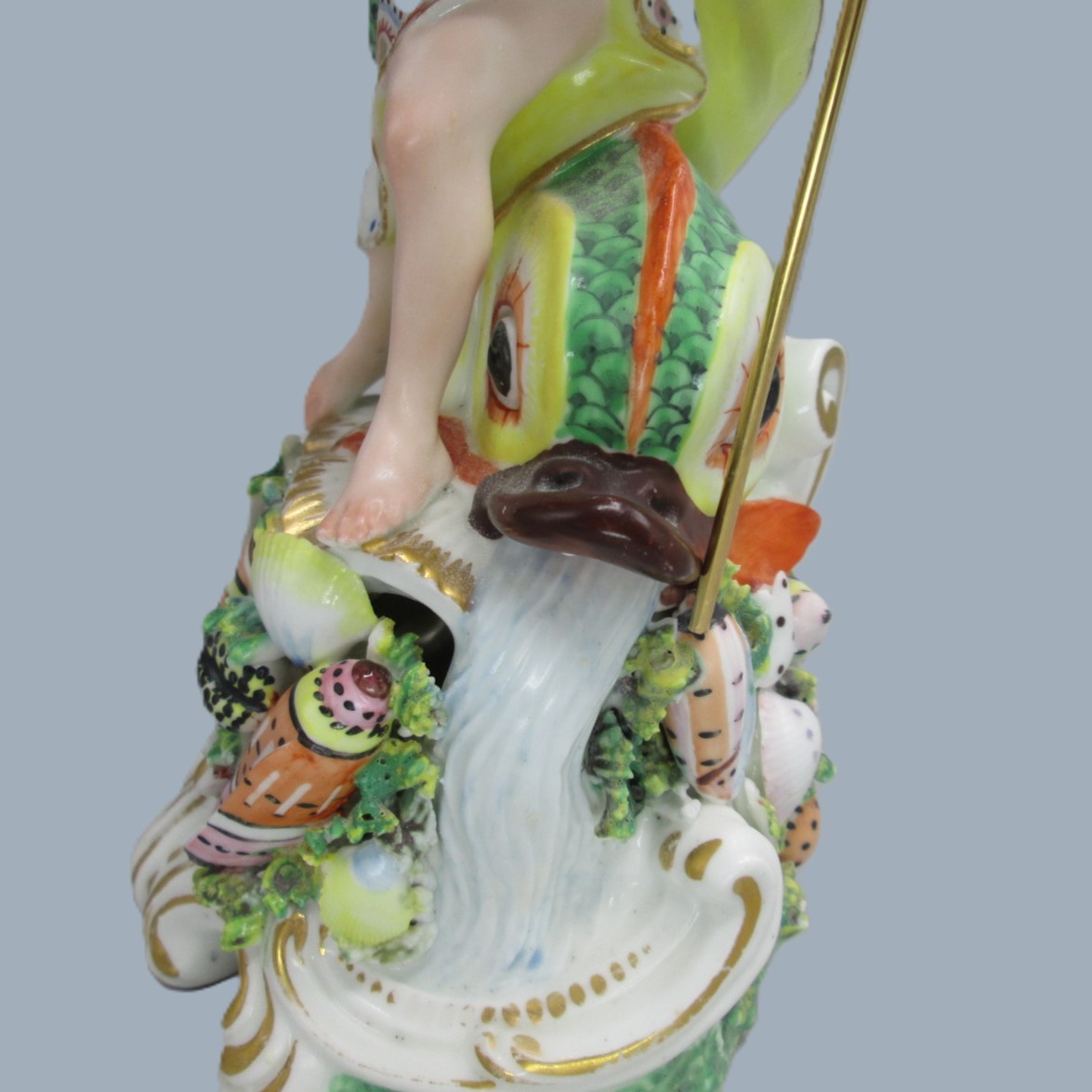 A Derby porcelain figure of Neptune, standing on a rocky mound a with trident in his left hand and a large dolphin beside him. Circa 1760 -70 - Image 5
